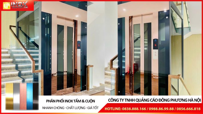 Tấm inox gương vàng hồng ứng dụng trong ốp cabin thang máy